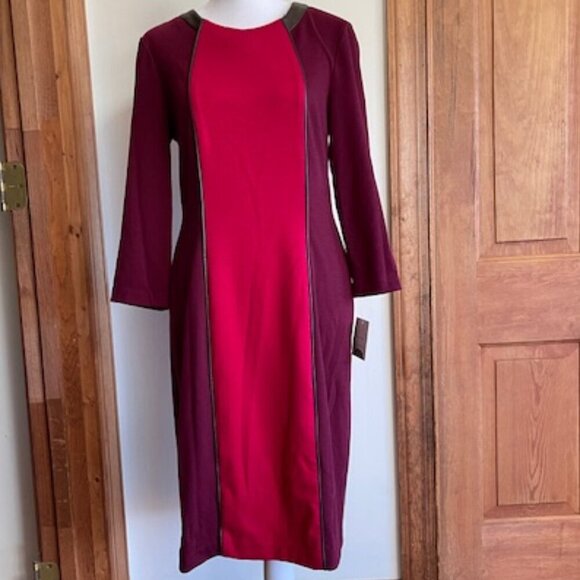DONNA MORGAN Colorblock Shift Bordeaux Long Sleeve Faux Leather Trim Dre… - Picture 1 of 16